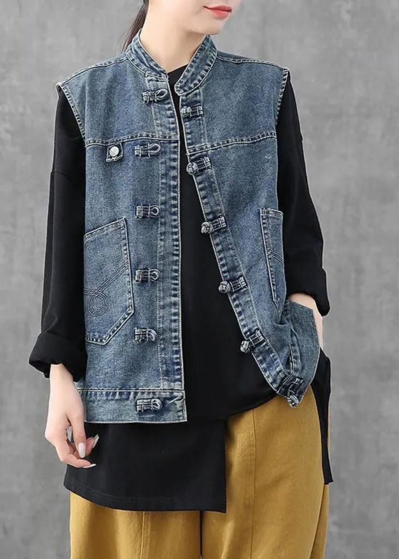 Retro Lichtblauw O-hals Patchwork Knoopzakken Mouwloos Katoenen Denim Gilet