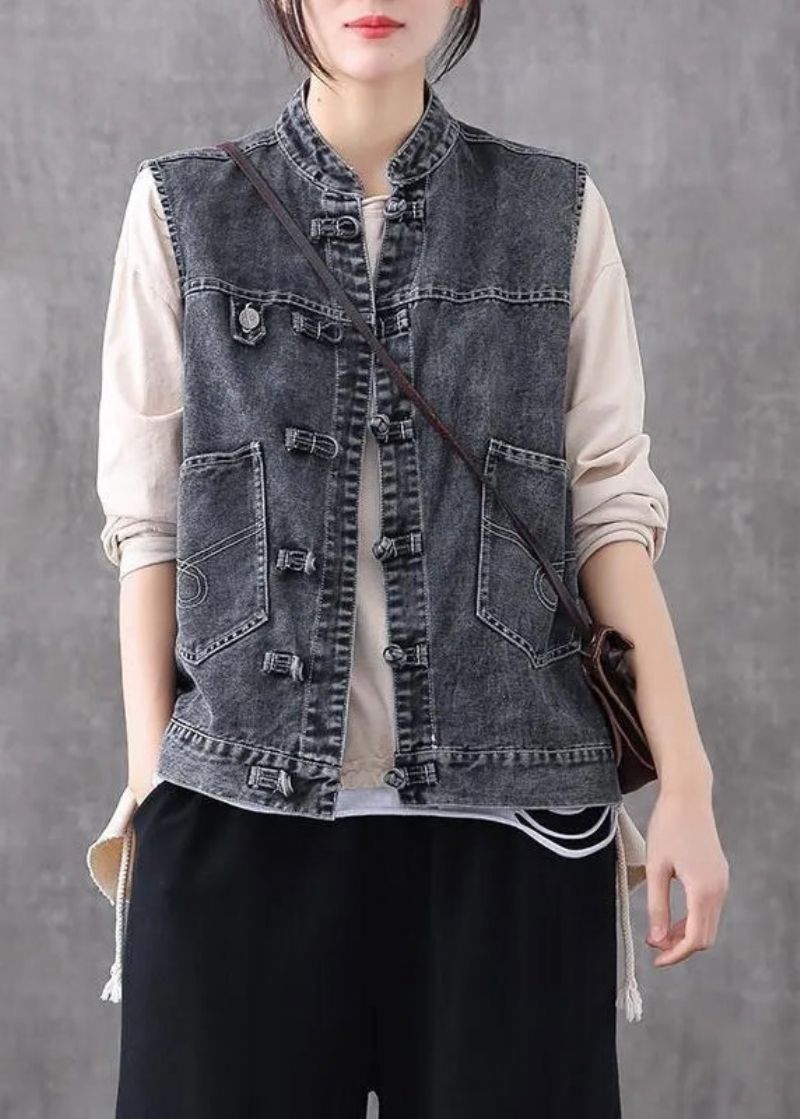 Retro Lichtblauw O-hals Patchwork Knoopzakken Mouwloos Katoenen Denim Gilet - Lichtblauw