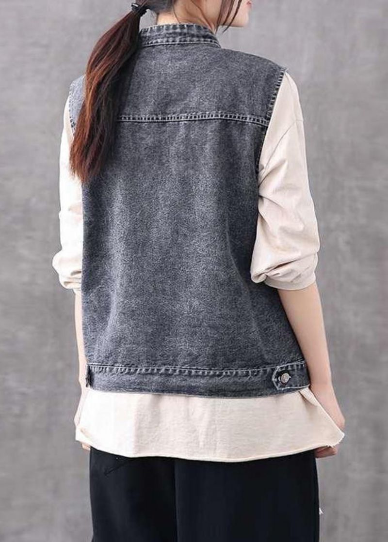 Retro Lichtblauw O-hals Patchwork Knoopzakken Mouwloos Katoenen Denim Gilet - Lichtblauw