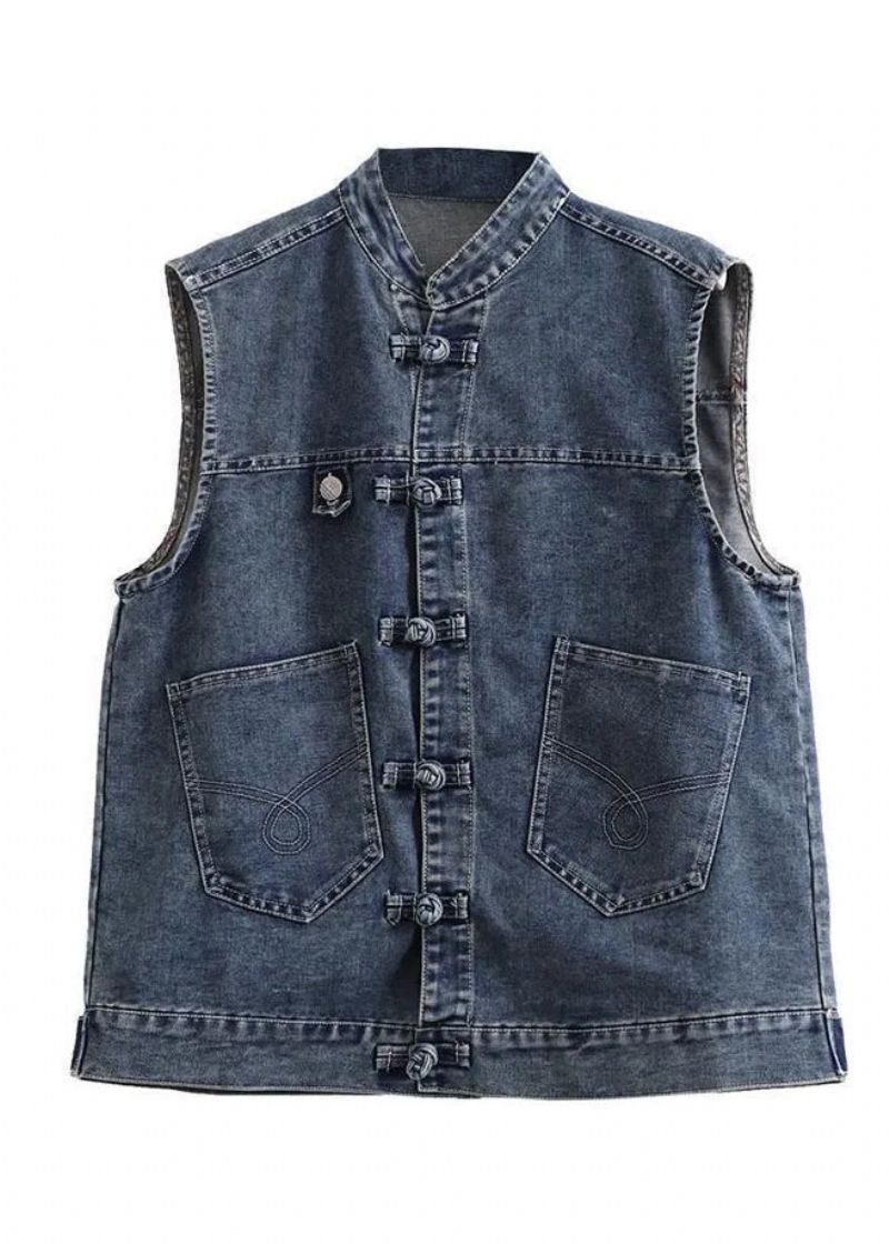 Retro Lichtblauw O-hals Patchwork Knoopzakken Mouwloos Katoenen Denim Gilet - Lichtblauw