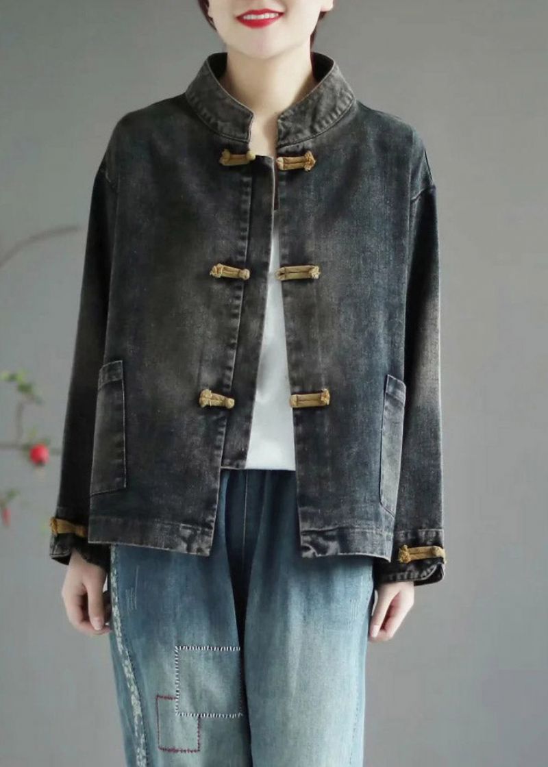 Retro Zwarte Opstaande Kraag Patchwork Denim Jas Lente - Zwart