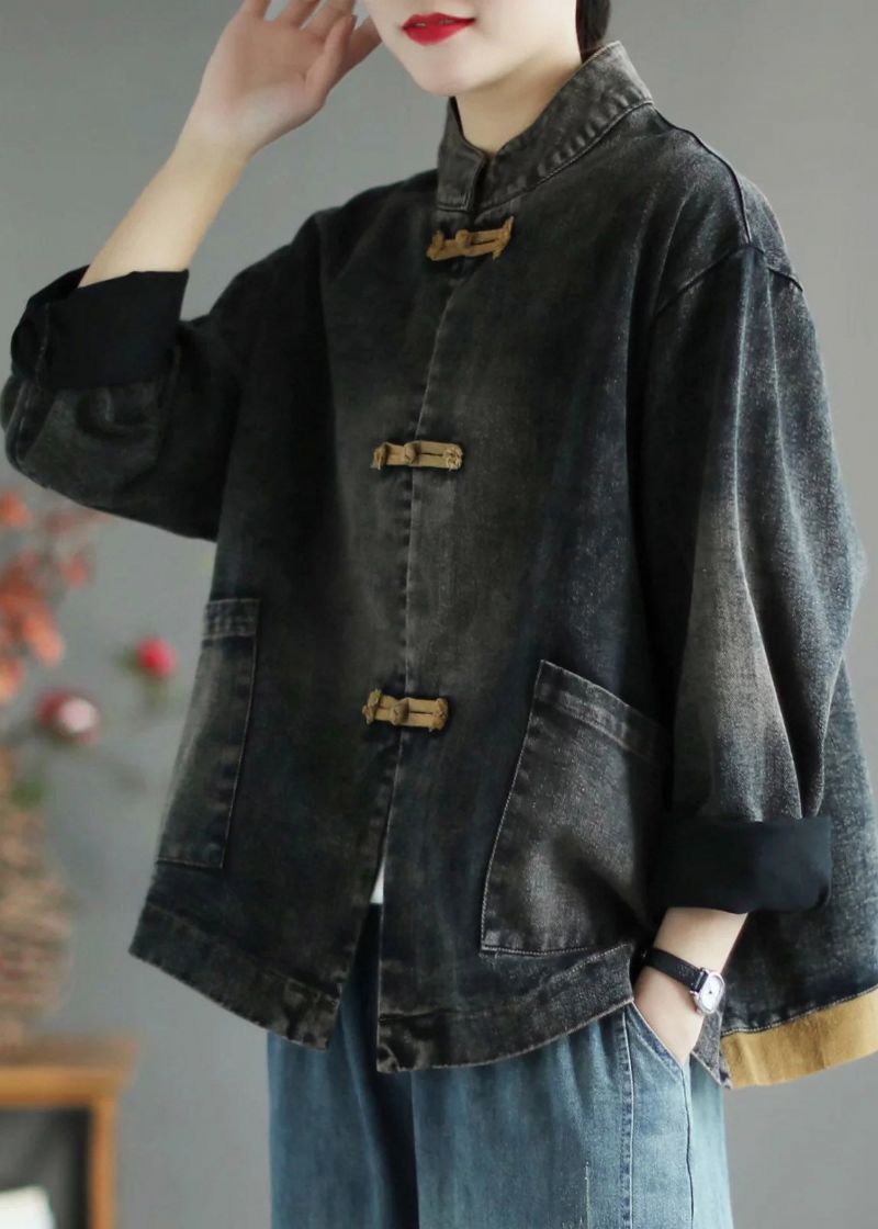 Retro Zwarte Opstaande Kraag Patchwork Denim Jas Lente - Zwart