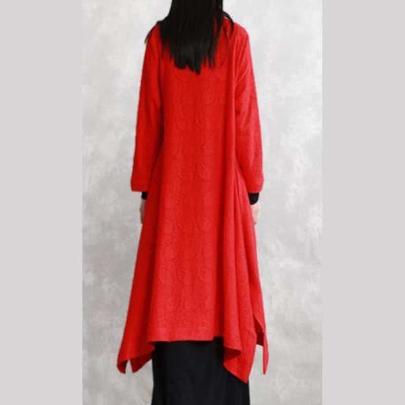 Rode Jassen Oversized Stand Jacquard Maxi-jas Modieuze Lange Jas Met Zakken En Mouwen - Dames winterjassen