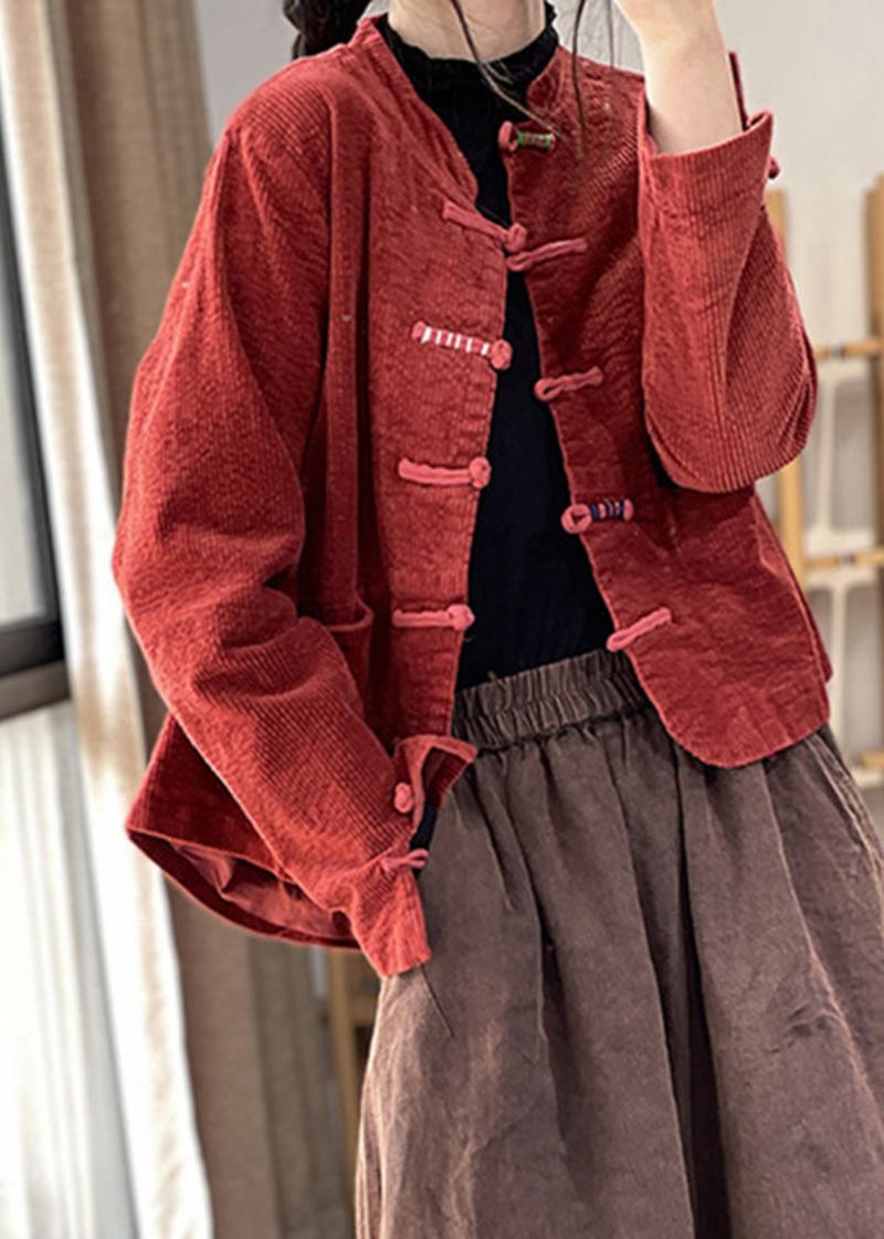 Rode Knoop Dikke Corduroy Jas Met Lange Mouwen - Rood