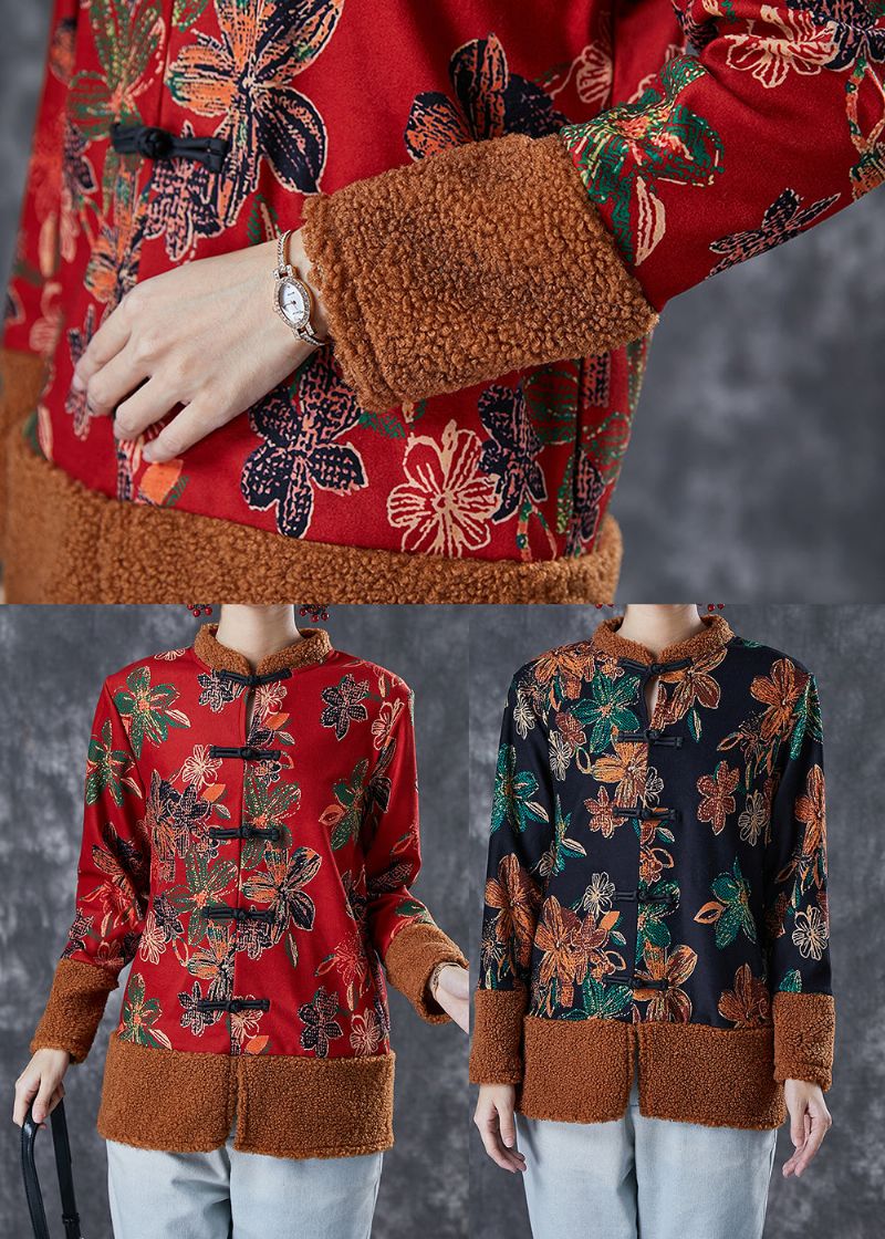 Rode Patchwork Warme Fleecejassen Chinese Knoopwinter - Dames winterjassen