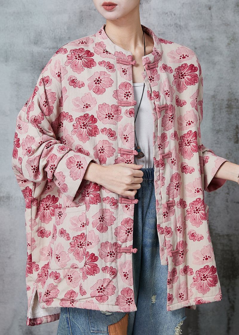 Roze Print Katoenen Jas Uitloper Chinese Knop Lente - Dames winterjassen