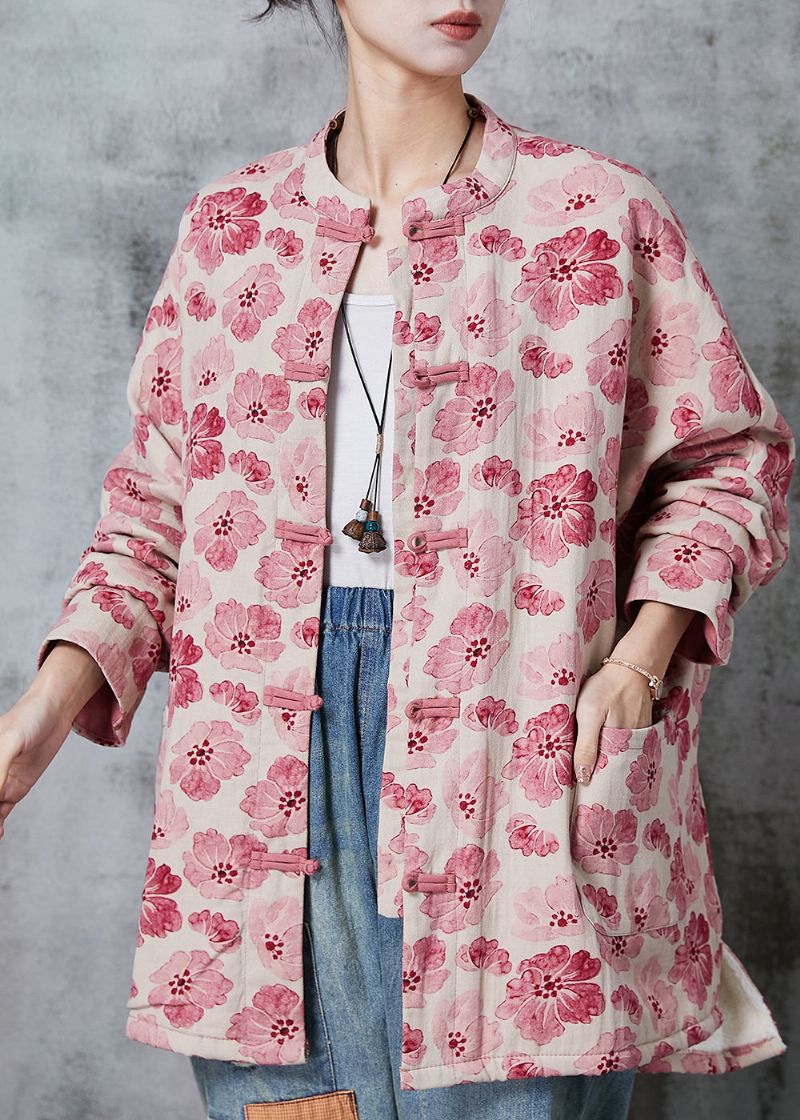 Roze Print Katoenen Jas Uitloper Chinese Knop Lente - Dames winterjassen