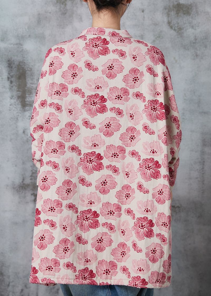 Roze Print Katoenen Jas Uitloper Chinese Knop Lente - Dames winterjassen