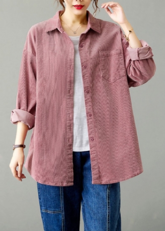 Roze Zakken Patchwork Corduroy Shirts Jas Peter Pan Kraag Herfst