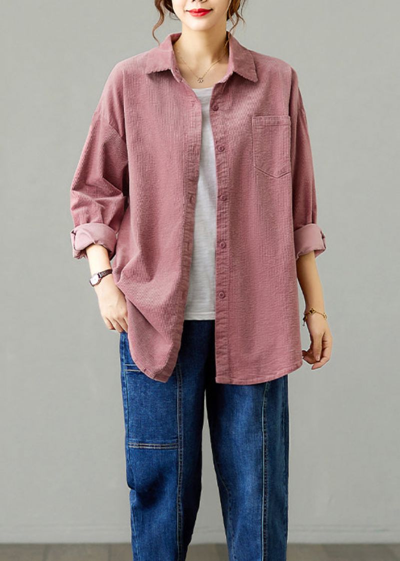 Roze Zakken Patchwork Corduroy Shirts Jas Peter Pan Kraag Herfst - Dames winterjassen