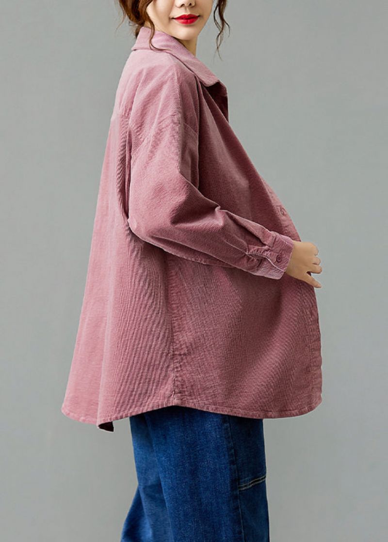 Roze Zakken Patchwork Corduroy Shirts Jas Peter Pan Kraag Herfst - Dames winterjassen