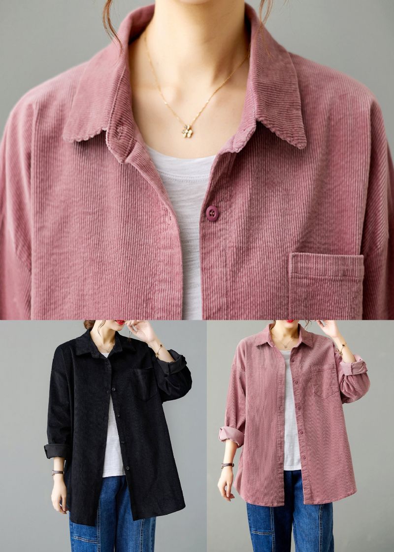 Roze Zakken Patchwork Corduroy Shirts Jas Peter Pan Kraag Herfst - Dames winterjassen