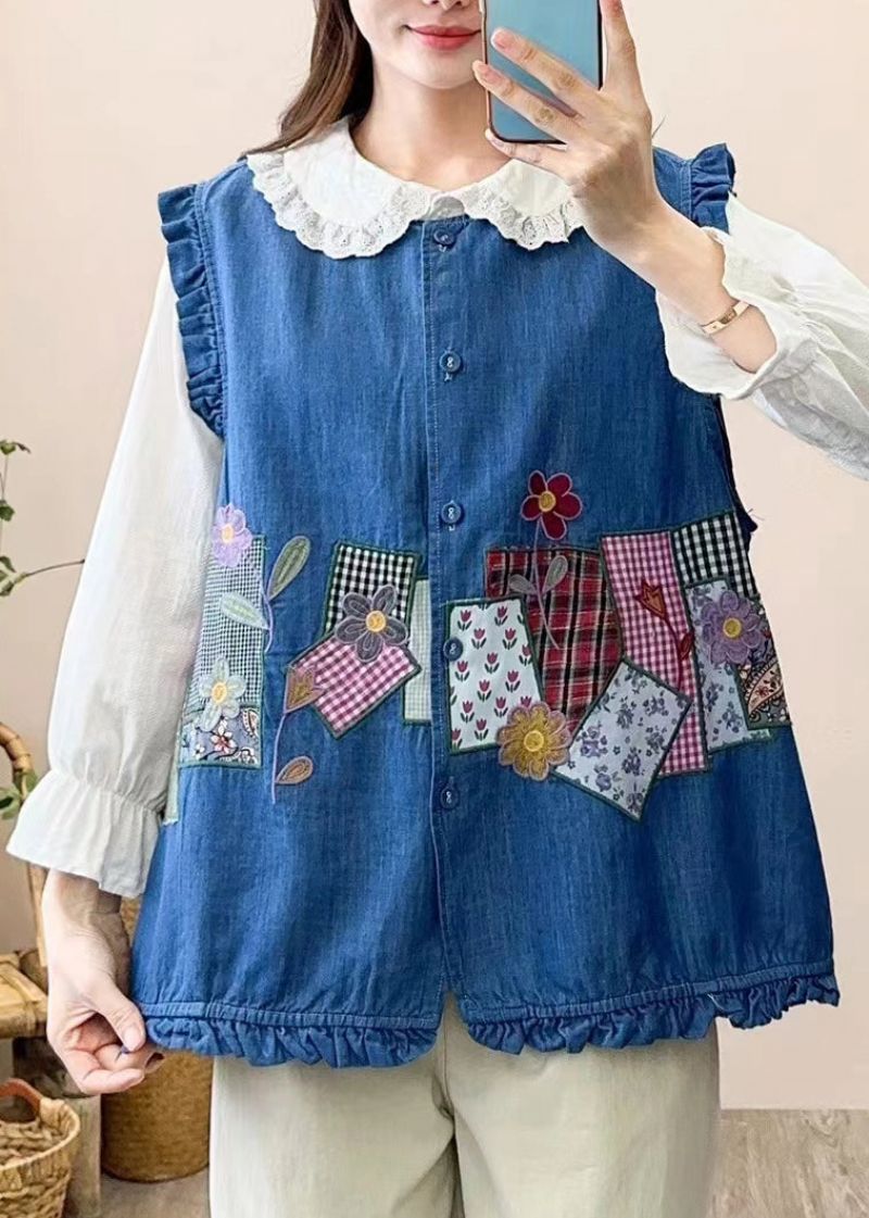 Schattig Marineblauw Geborduurd Patchwork Knoopgilet Zonder Mouwen - Marine