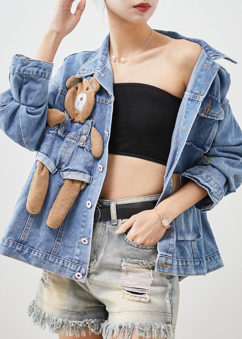 Schattige Lichtblauwe Beer Oversized Denim Jassen Lente