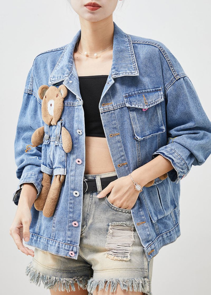 Schattige Lichtblauwe Beer Oversized Denim Jassen Lente - Dames winterjassen