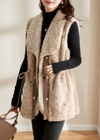 Slim-fit Beige Getande Patchwork-vest Met Dikke Imitatiebont-vesten Herfst