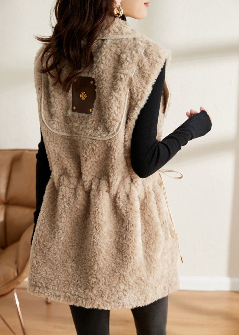 Slim-fit Beige Getande Patchwork-vest Met Dikke Imitatiebont-vesten Herfst - Beige