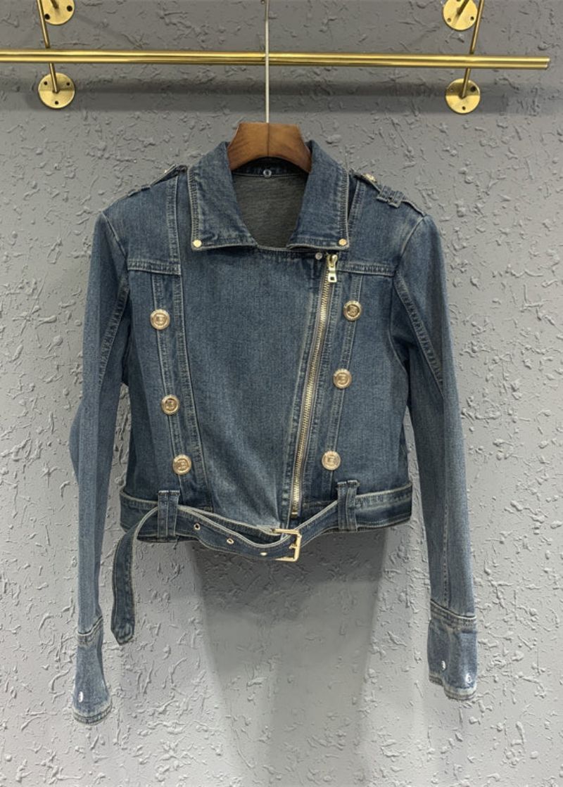 Stijl Blauw Peter Pan-kraag Met Ritssluiting En Patchwork-denimjack Herfst