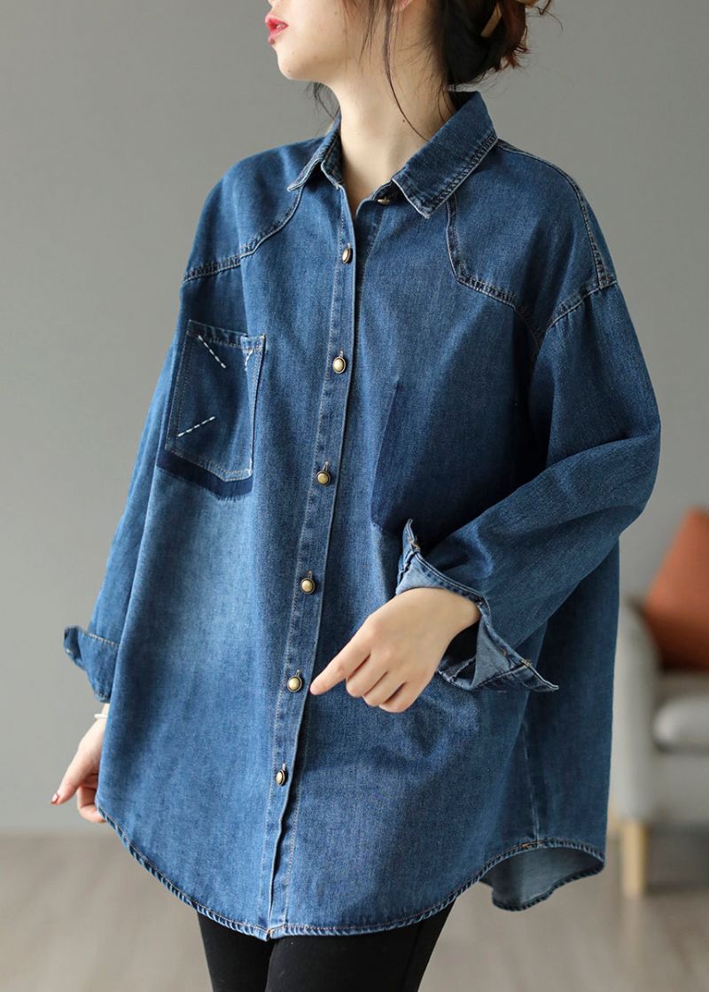 Stijl Blauwe Oversized Denim Jacks Met Geborduurde Zakken Lente