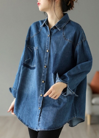 Stijl Blauwe Oversized Denim Jacks Met Geborduurde Zakken Lente