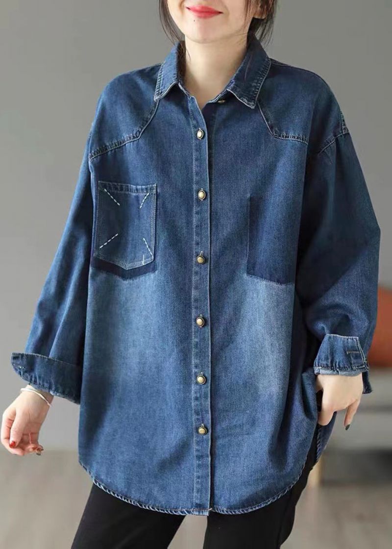 Stijl Blauwe Oversized Denim Jacks Met Geborduurde Zakken Lente - Dames winterjassen