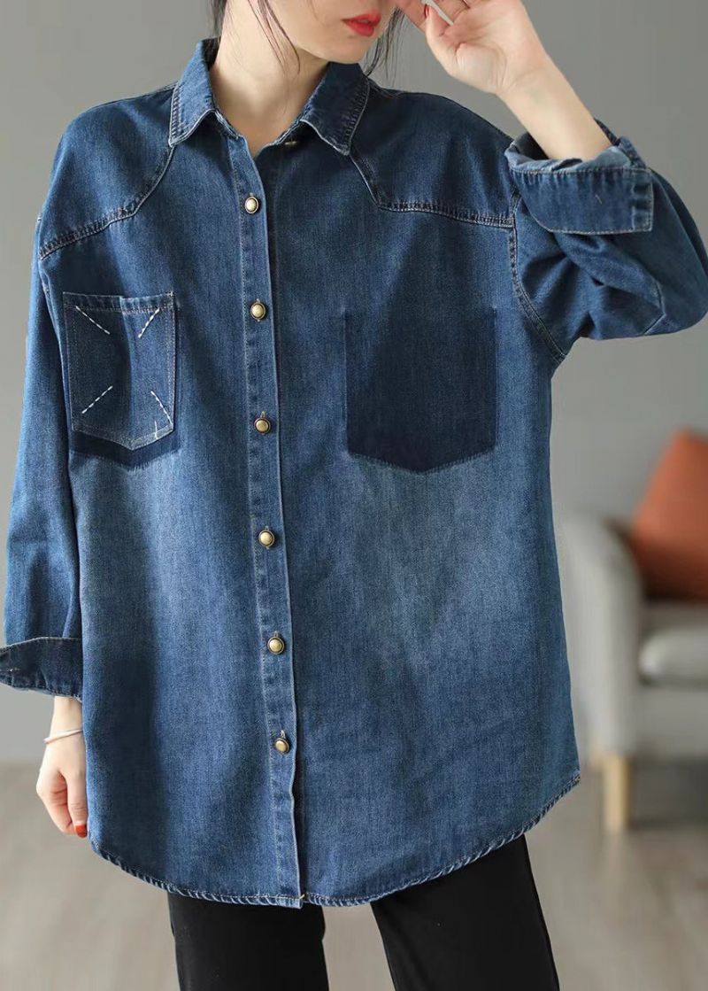 Stijl Blauwe Oversized Denim Jacks Met Geborduurde Zakken Lente - Dames winterjassen