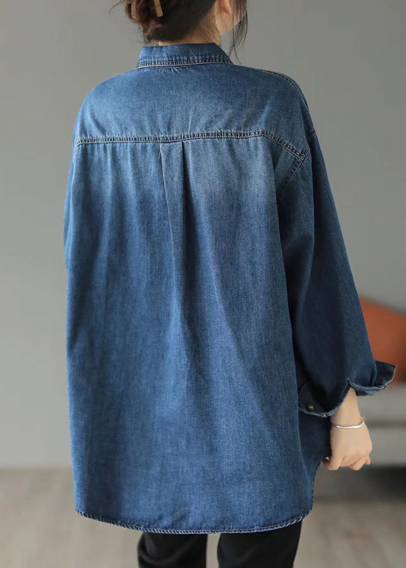 Stijl Blauwe Oversized Denim Jacks Met Geborduurde Zakken Lente - Dames winterjassen