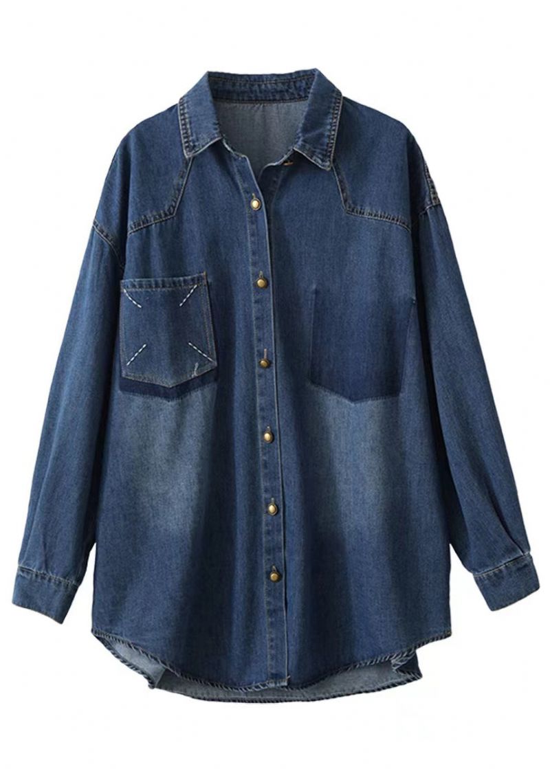 Stijl Blauwe Oversized Denim Jacks Met Geborduurde Zakken Lente - Dames winterjassen