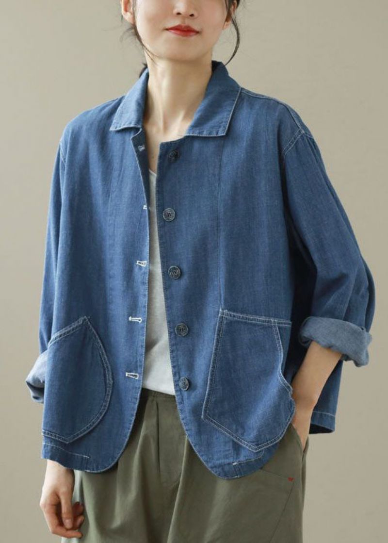 Stijl Blauwe Peter Pan-kraag Zakken Patchwork Denimjassen Lente