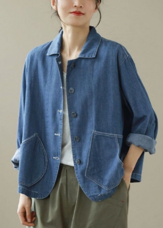 Stijl Blauwe Peter Pan-kraag Zakken Patchwork Denimjassen Lente