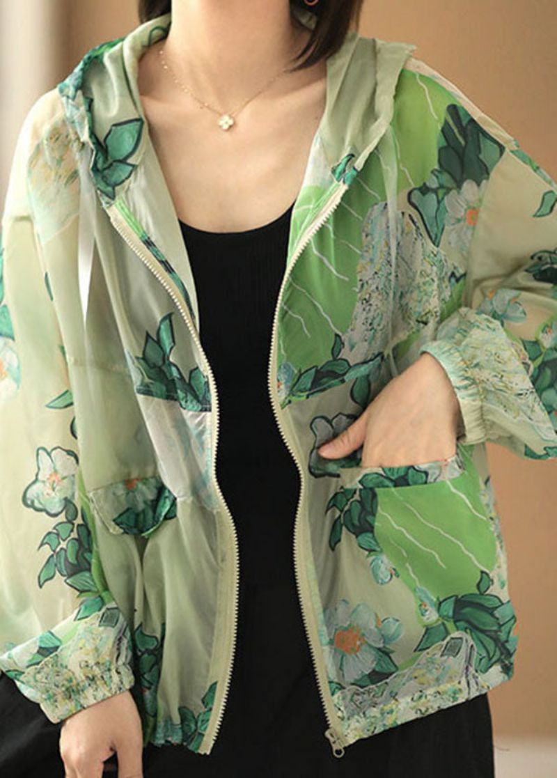 Stijl Groen Met Capuchon Zakken Met Ritssluiting Trekkoord Print Upf 50+ Jasjassen Zomer - Dames winterjassen