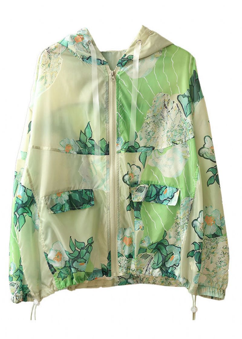 Stijl Groen Met Capuchon Zakken Met Ritssluiting Trekkoord Print Upf 50+ Jasjassen Zomer - Dames winterjassen