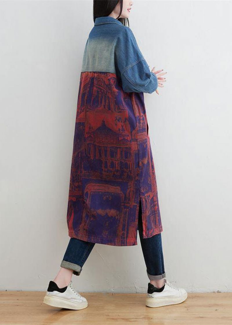 Stijl Rode Peter Pan Kraag Patchwork Print Denim Uitloper Lente - Dames winterjassen