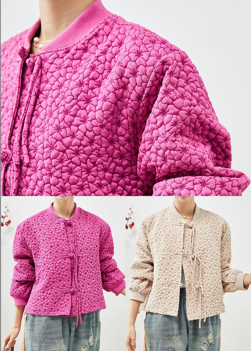 Stijl Roze Jacquardjassen Met Opstaande Kraag En Trekkoord Herfst - Dames winterjassen