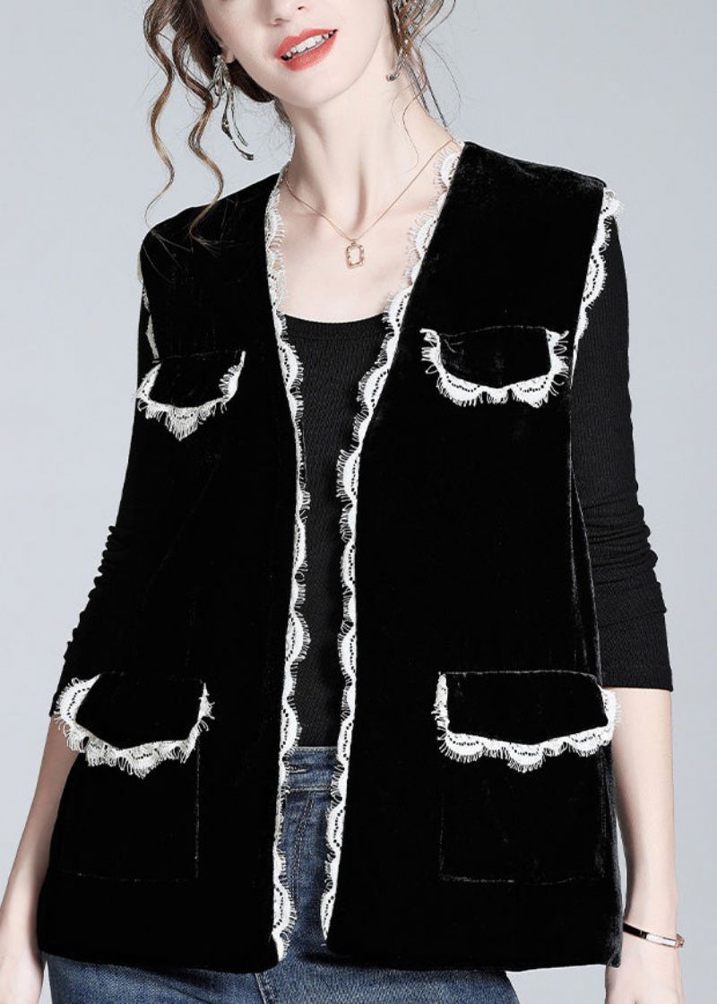 Stijl Zwart V-hals Kanten Patchwork Zijden Velours Vest Lente - Dames winterjassen