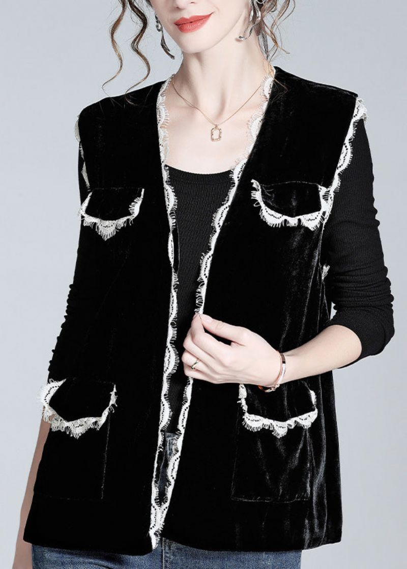 Stijl Zwart V-hals Kanten Patchwork Zijden Velours Vest Lente - Dames winterjassen