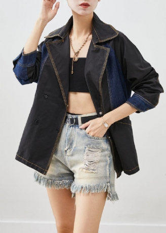 Stijl Zwarte Oversized Denim Patchwork Katoenen Jassen Herfst