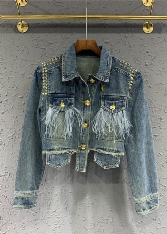 Stijlvol Blauw Denim Jack Met Kwastjes En Klinknagels Herfst