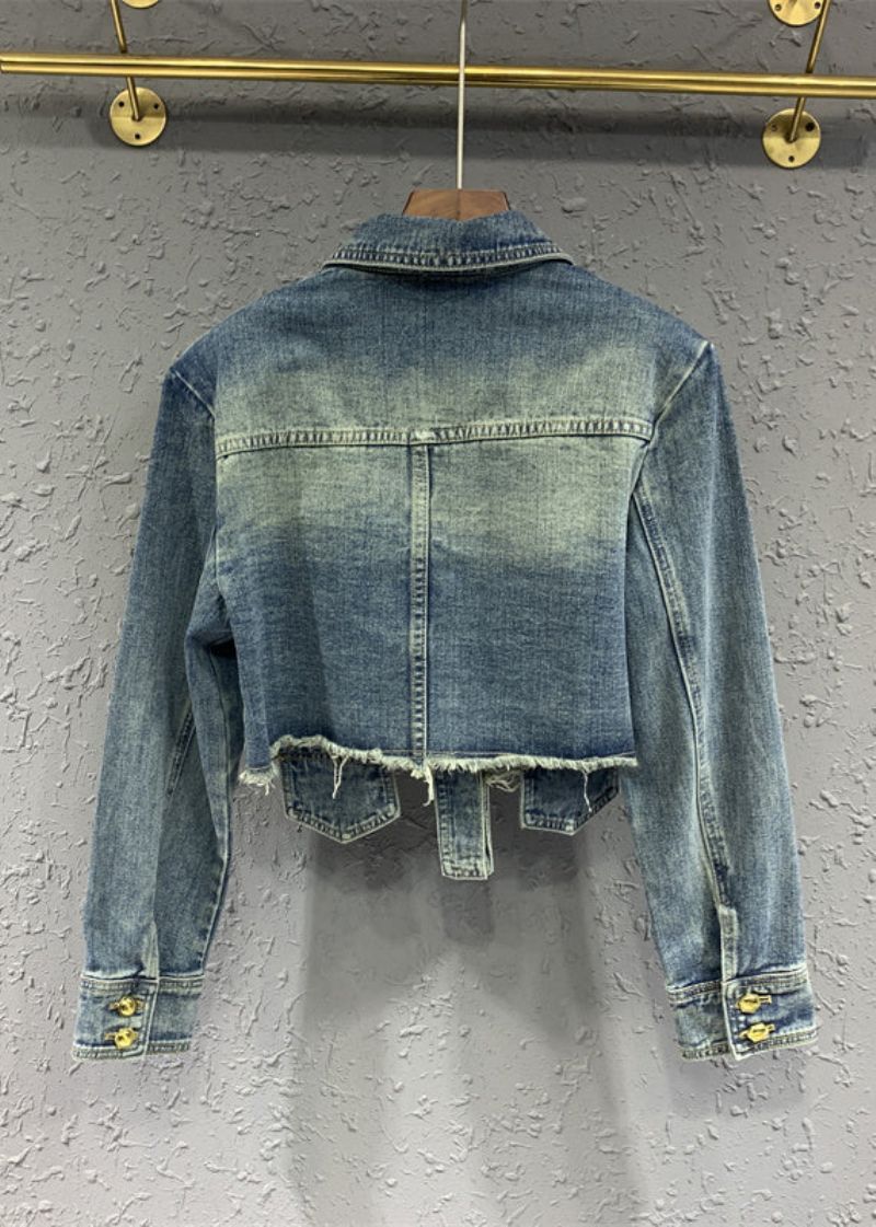 Stijlvol Blauw Denim Jack Met Kwastjes En Klinknagels Herfst - Dames winterjassen