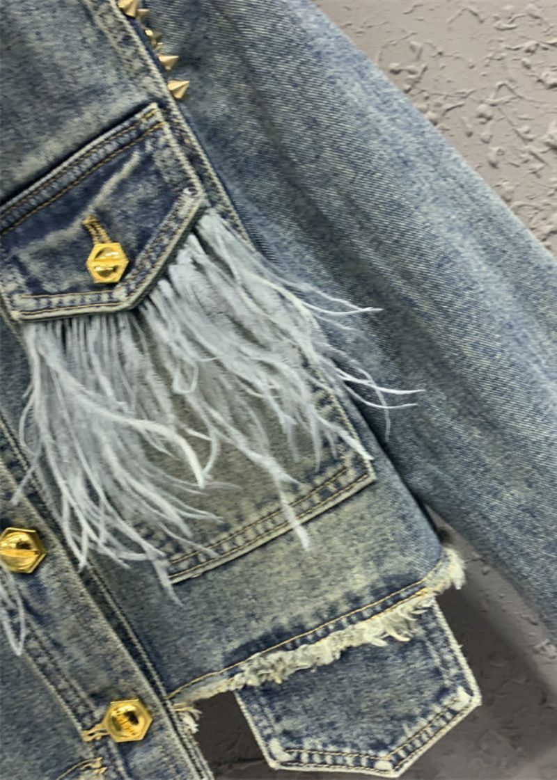 Stijlvol Blauw Denim Jack Met Kwastjes En Klinknagels Herfst - Dames winterjassen