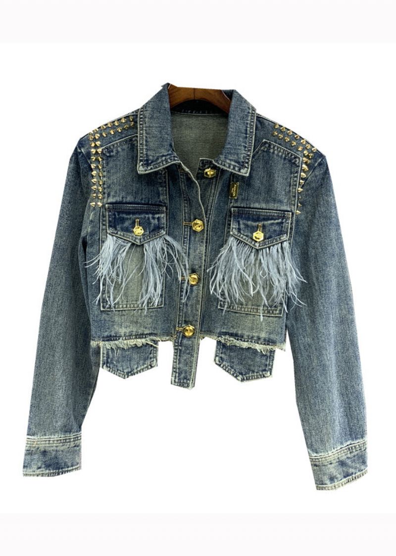 Stijlvol Blauw Denim Jack Met Kwastjes En Klinknagels Herfst - Dames winterjassen