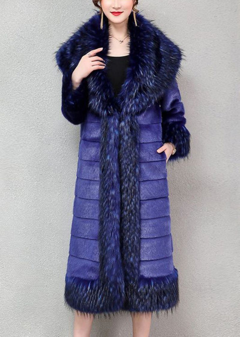 Stijlvol Blauw Oversized Warm Nep-nertsenhaar Trench Winter - Dames winterjassen