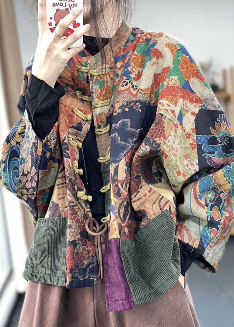 Stijlvol Oversized Colorblock-jack Met Patchwork-print Fijn Katoen Gevuld Vleermuismouw - Dames winterjassen