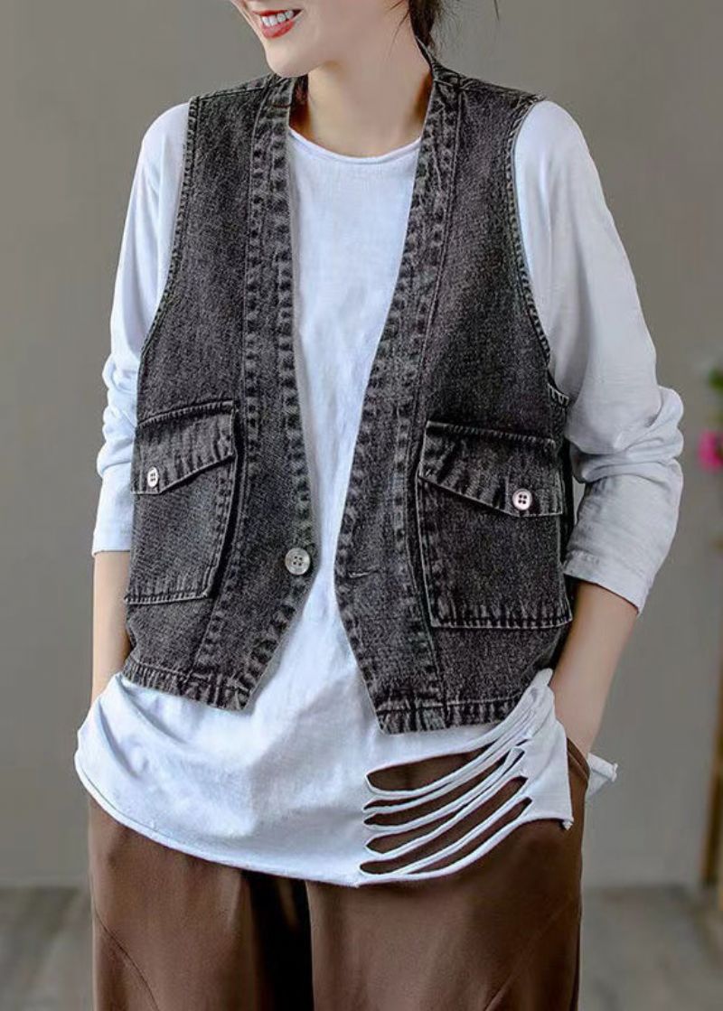 Stijlvol Zwart Denim Gilet Met V-hals En Patchwork-denim Herfst