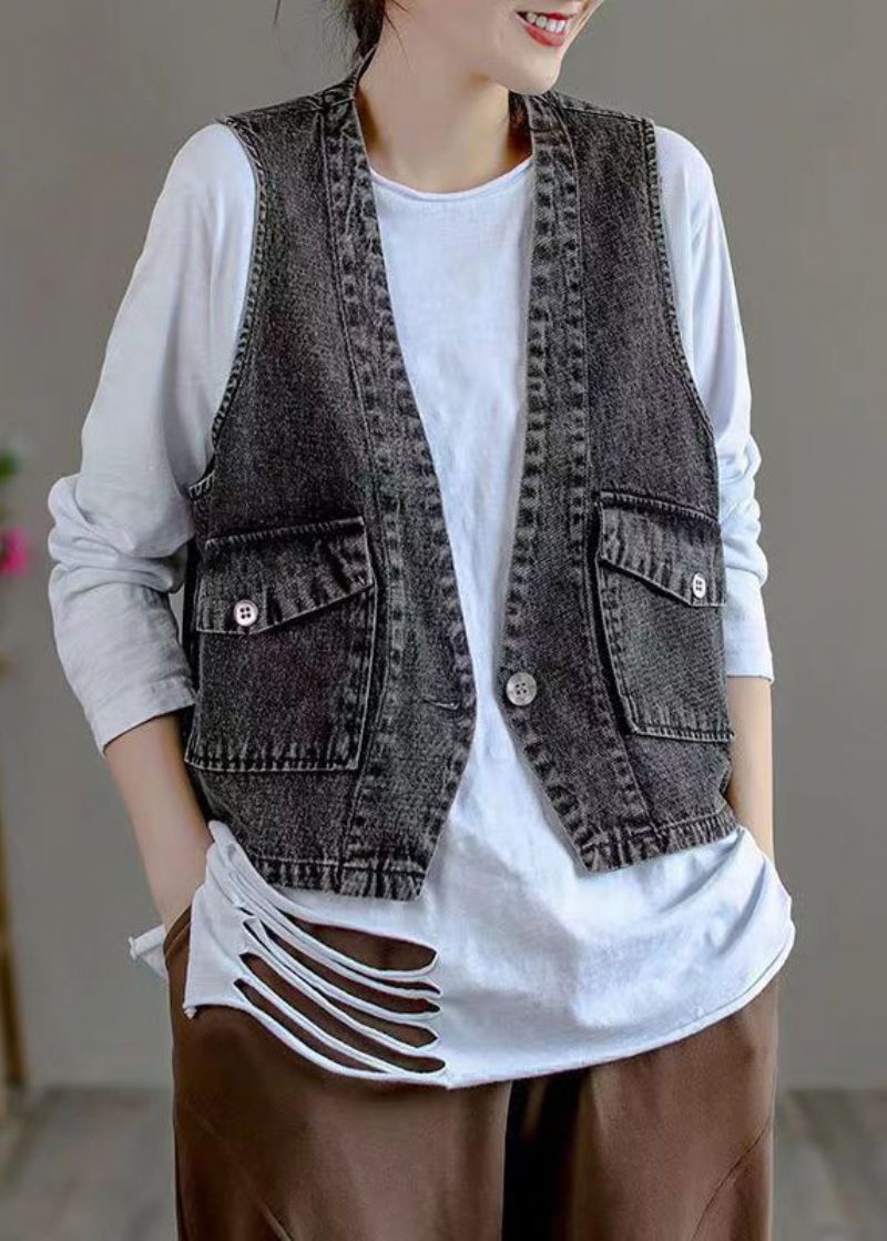 Stijlvol Zwart Denim Gilet Met V-hals En Patchwork-denim Herfst - Dames winterjassen