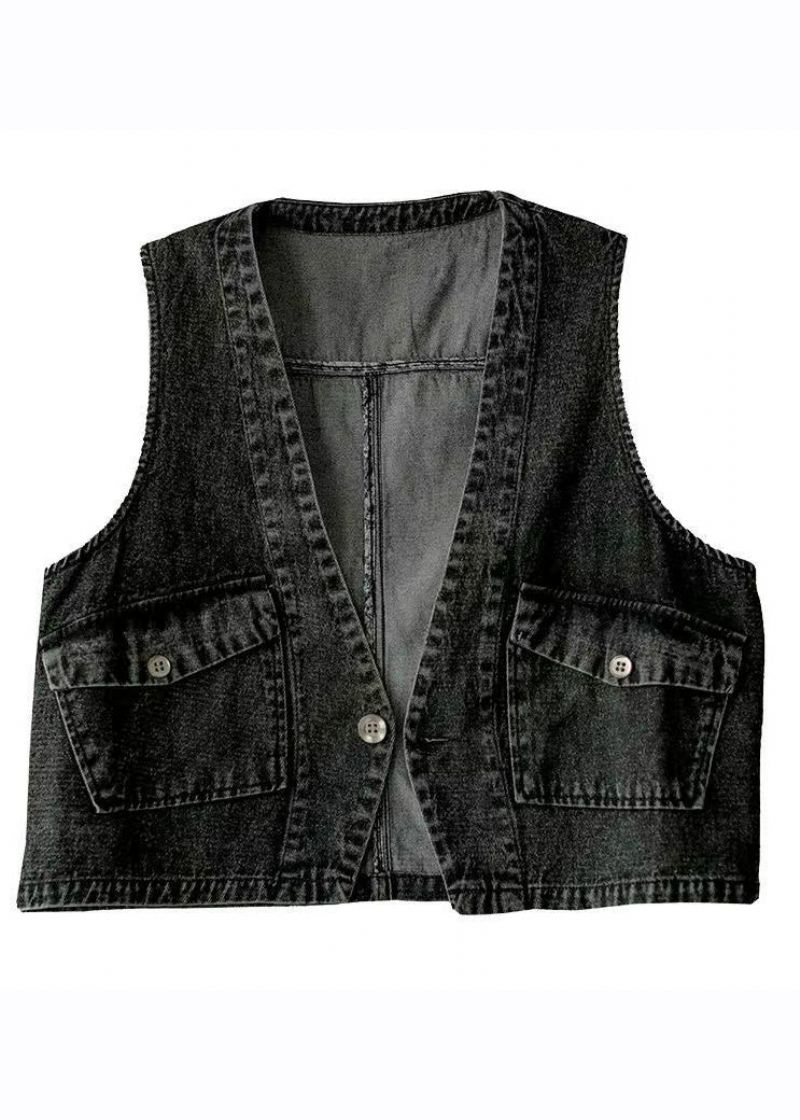 Stijlvol Zwart Denim Gilet Met V-hals En Patchwork-denim Herfst - Dames winterjassen