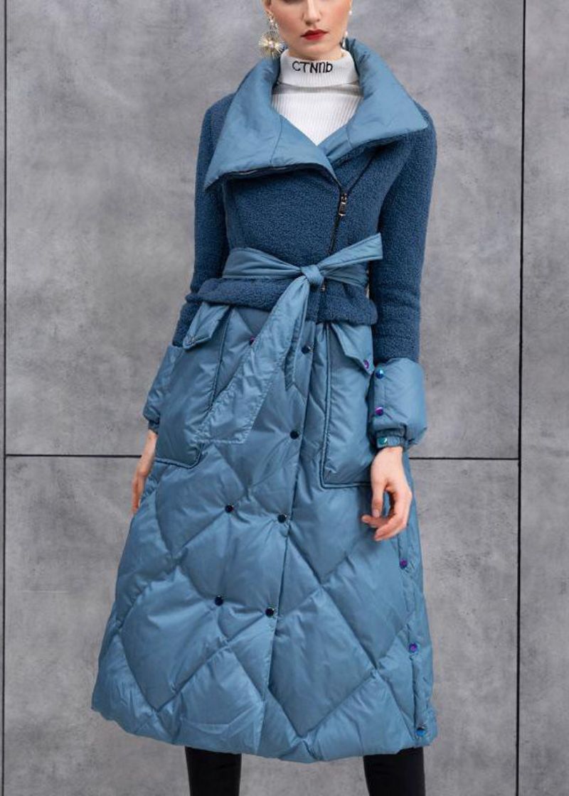 Stijlvolle Blauwe Eendendonsjas Met Ritssluiting In De Taille En Patchwork Winter