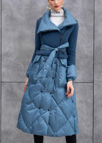 Stijlvolle Blauwe Eendendonsjas Met Ritssluiting In De Taille En Patchwork Winter