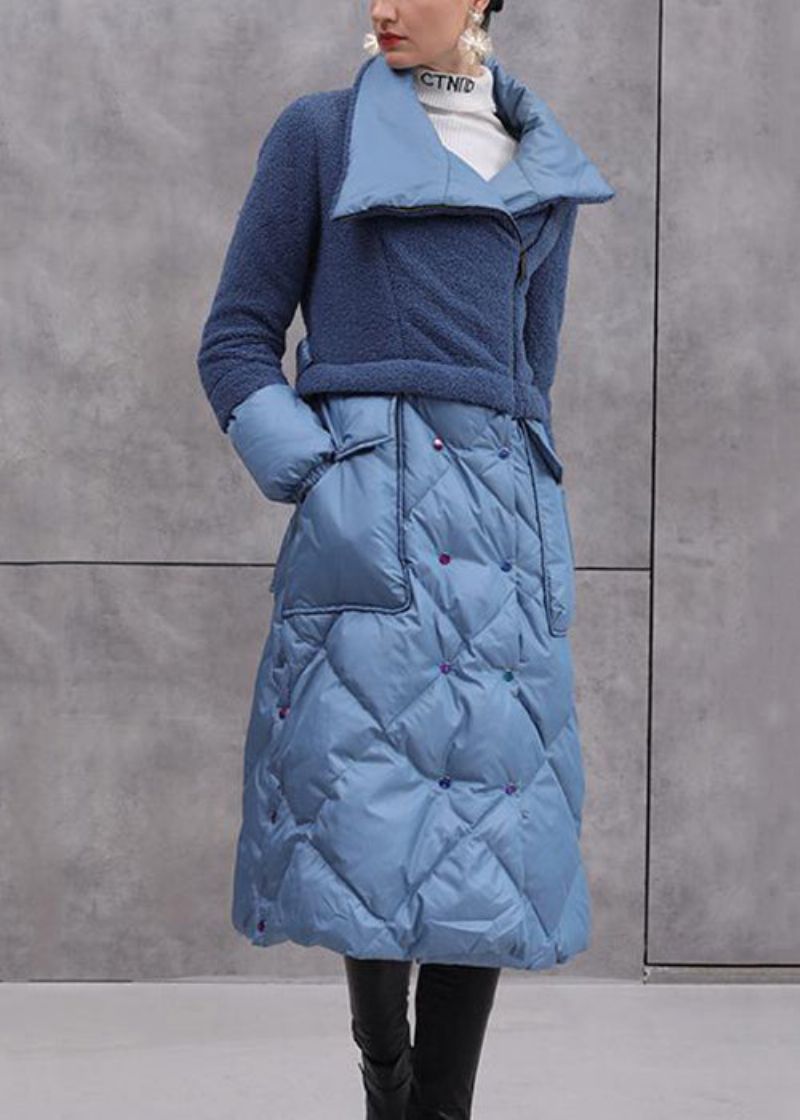 Stijlvolle Blauwe Eendendonsjas Met Ritssluiting In De Taille En Patchwork Winter - Dames winterjassen