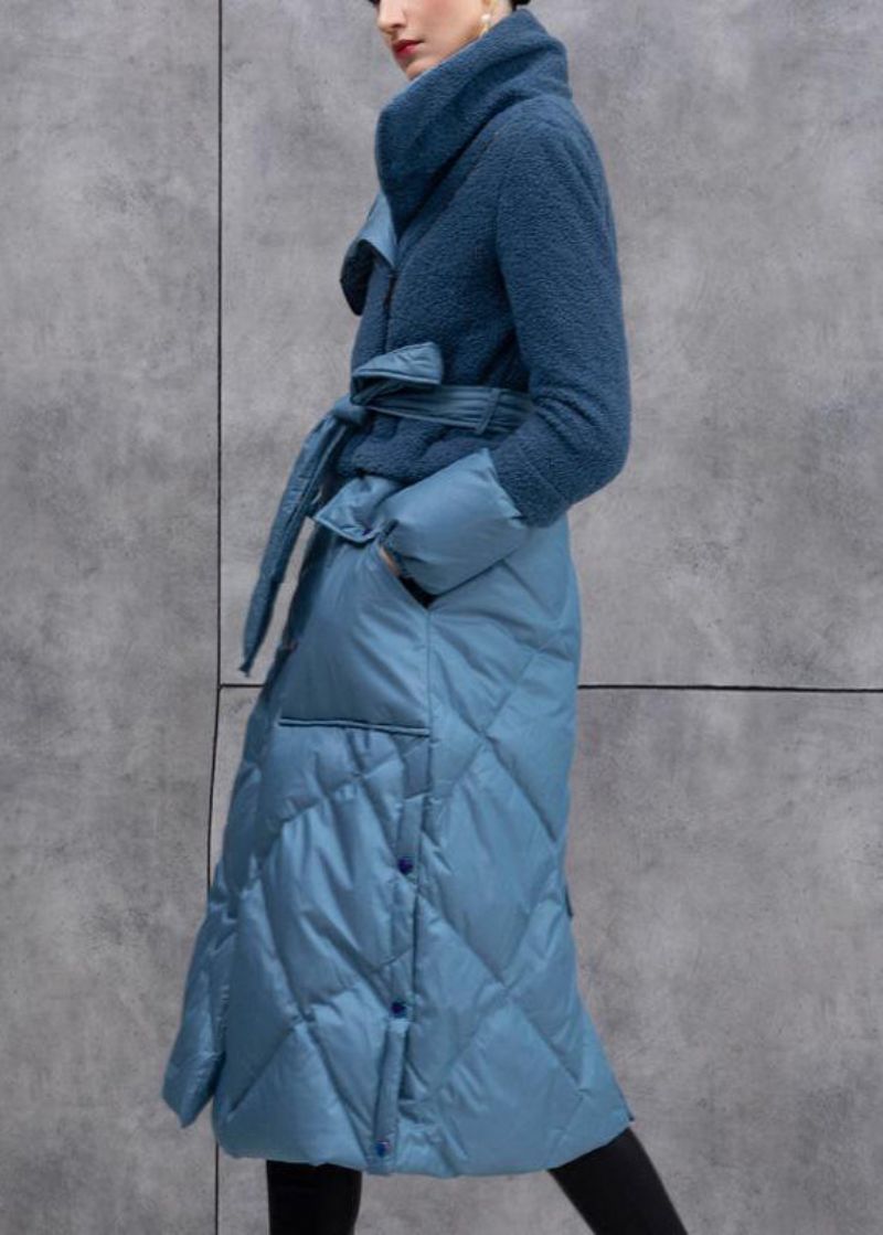 Stijlvolle Blauwe Eendendonsjas Met Ritssluiting In De Taille En Patchwork Winter - Dames winterjassen